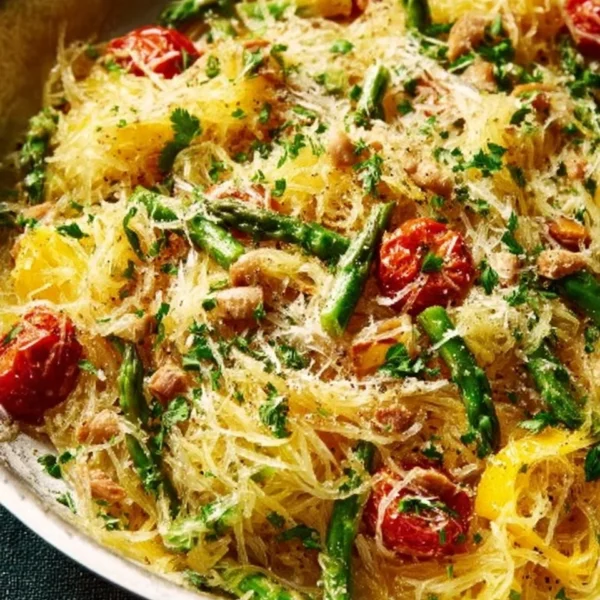 A bowl of spring spaghetti squash served with fresh herbs and vegetables.