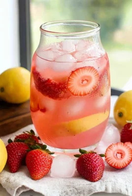 Refreshing glass of strawberry pink lemonade garnished with fresh strawberries