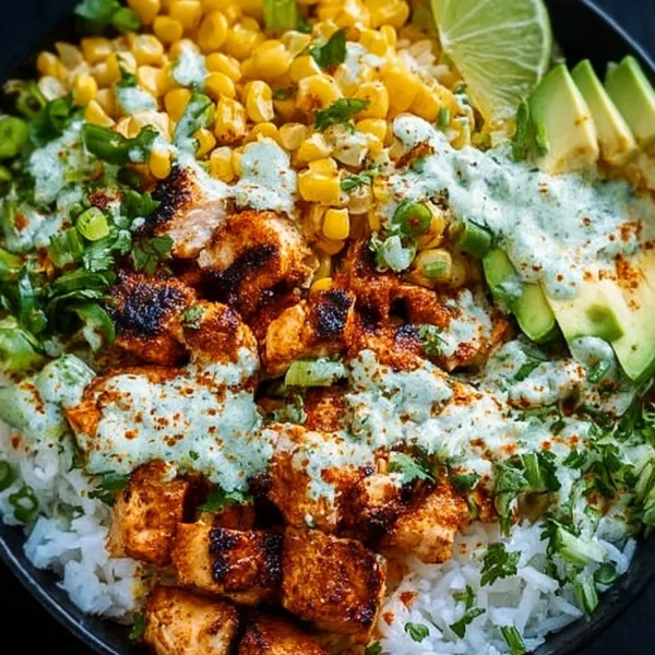 Delicious Street Corn Chicken Rice Bowl topped with cheese and spices