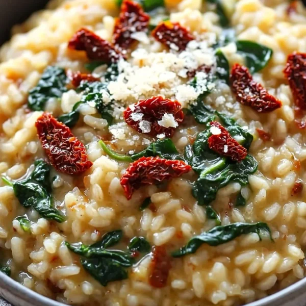 Creamy Sun-Dried Tomato and Spinach Risotto bowl garnished with fresh herbs