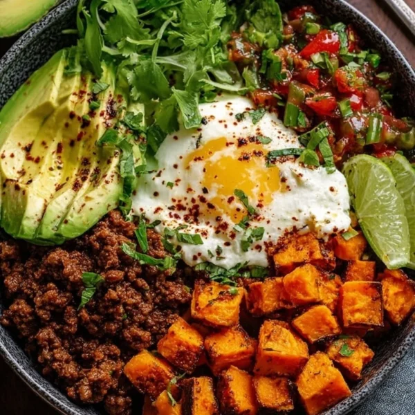 Delicious sweet potato taco bowl topped with fresh ingredients.