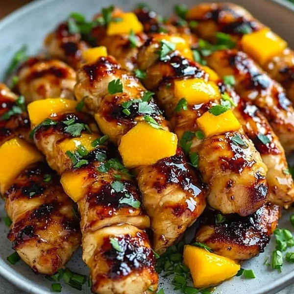 Mango glazed chicken served with vibrant vegetables and a drizzle of sauce