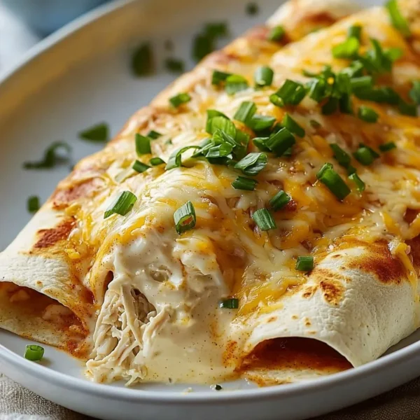 Delicious white rotisserie chicken enchiladas topped with cheese and fresh herbs
