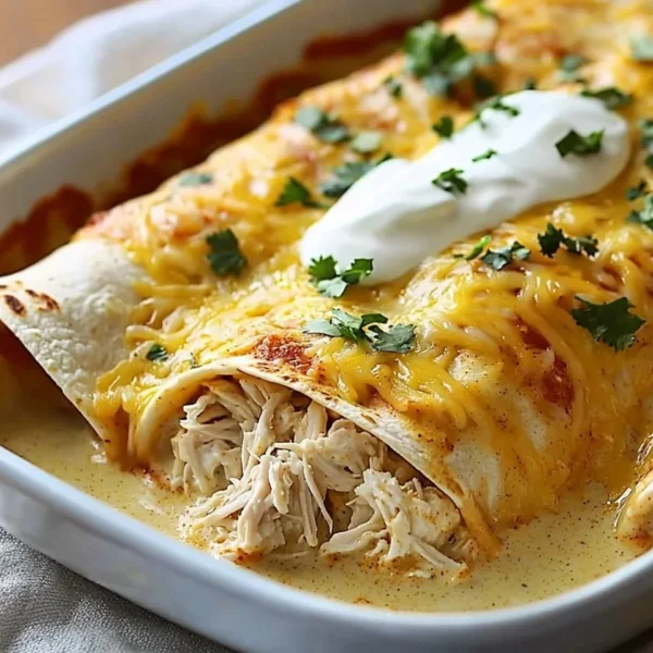 Delicious white rotisserie chicken enchiladas topped with cheese and herbs