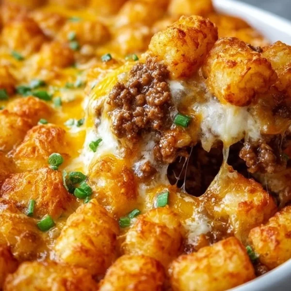 Delicious Tater Tot Casserole topped with ground beef and cheese