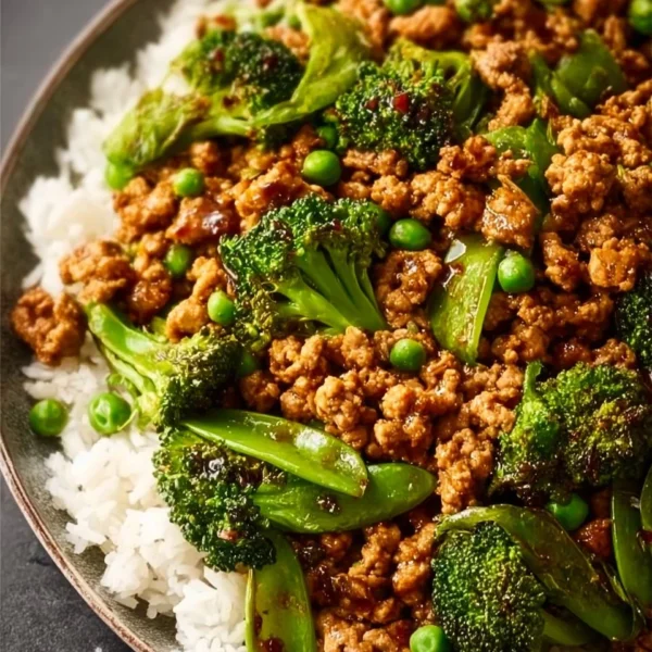 Plate of teriyaki ground turkey with broccoli and peas, garnished with sesame seeds
