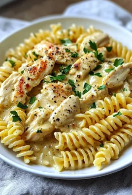 Delicious creamy garlic parmesan chicken pasta garnished with parsley.