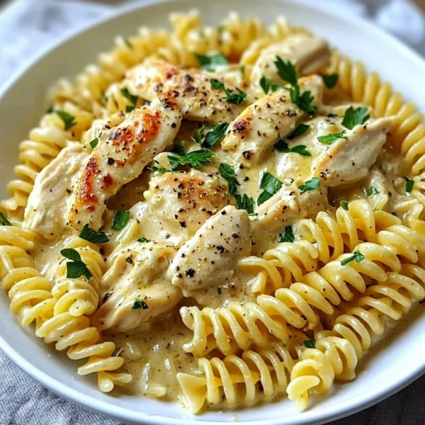 Delicious creamy garlic parmesan chicken pasta garnished with parsley.