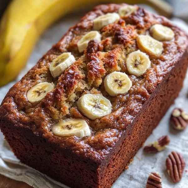 Slices of delicious banana bread on a wooden cutting board with bananas