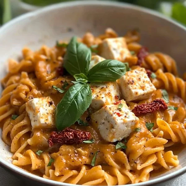 Vegan Marry Me Chicken Pasta served in a bowl with fresh basil and tomatoes