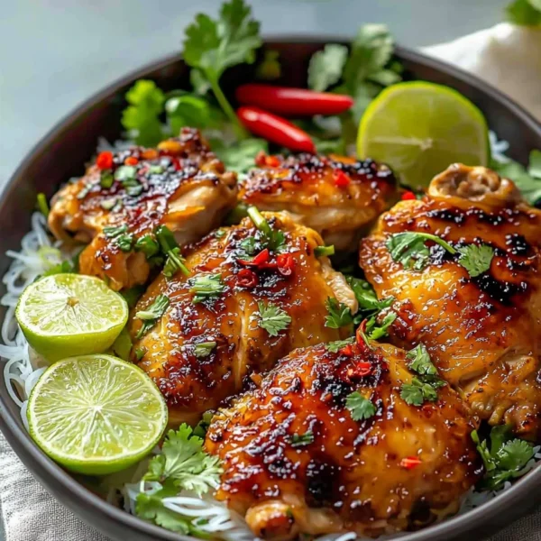 Plate of Vietnamese lemongrass chicken garnished with herbs
