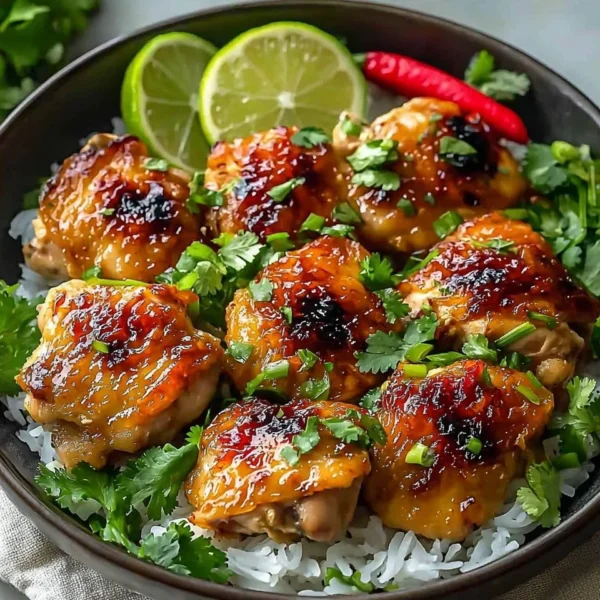 Plate of Vietnamese Lemongrass Chicken garnished with herbs and served with rice.