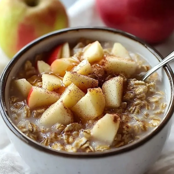 Delicious bowl of Apple Cinnamon Overnight Oats topped with fresh apple slices and cinnamon