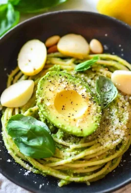 Bowl of creamy avocado pesto pasta with fresh basil and cherry tomatoes