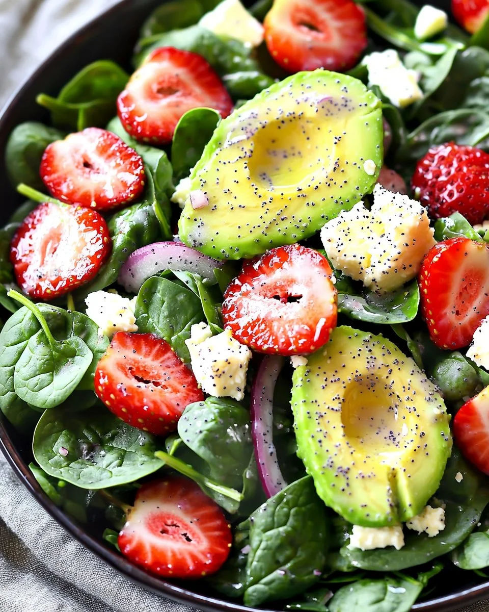 Avocado Strawberry Spinach Salad with Poppy Seed Dressing