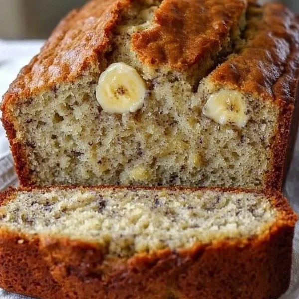 Freshly baked banana bread loaf with ripe bananas and nuts