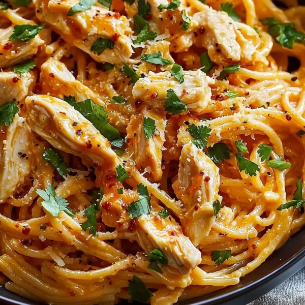 Delicious Bang Bang Chicken Pasta garnished with herbs and served on a plate.