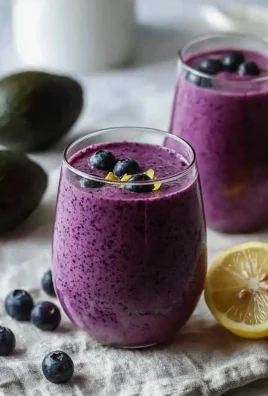 Blueberry avocado smoothie with lemon and yogurt in a glass