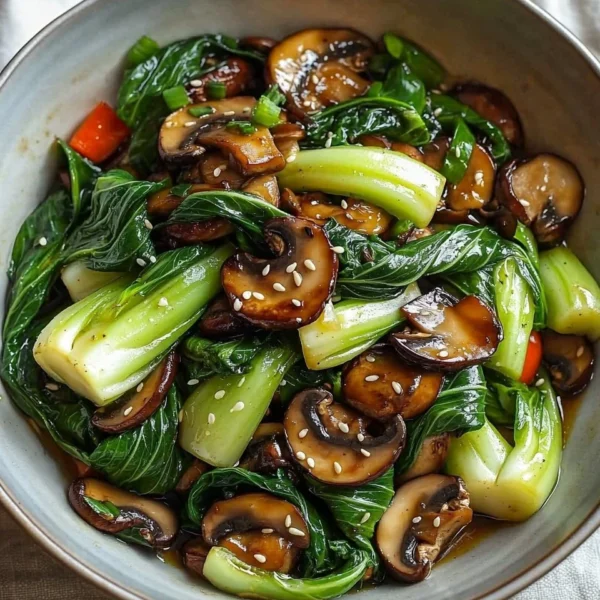 Bok Choy and mushroom stir-fry served in a bowl with vibrant colors
