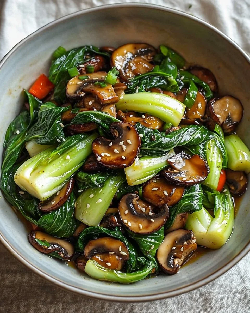 Bok Choy and mushroom stir-fry served in a bowl with vibrant colors