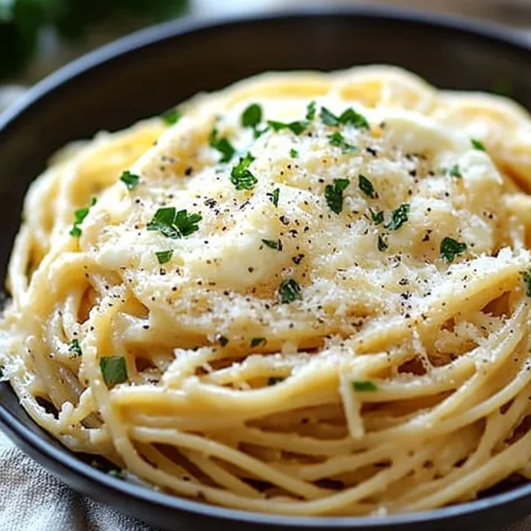 Plate of cheesy garlic parmesan spaghetti garnished with fresh parsley