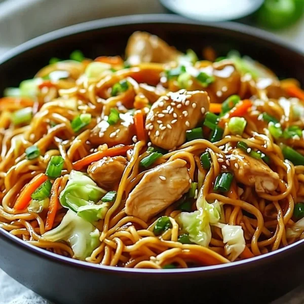Delicious Chicken Chow Mein topped with homemade Chow Mein sauce