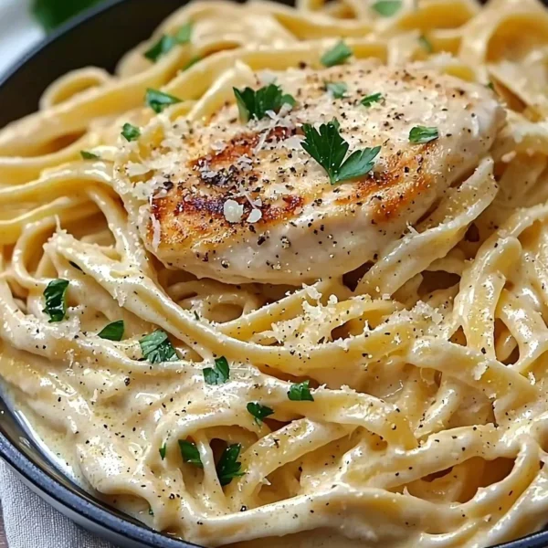 Creamy Chicken Fettuccine Alfredo with grilled chicken and fettuccine pasta