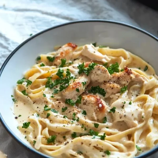 Creamy chicken Alfredo pasta dish garnished with parsley