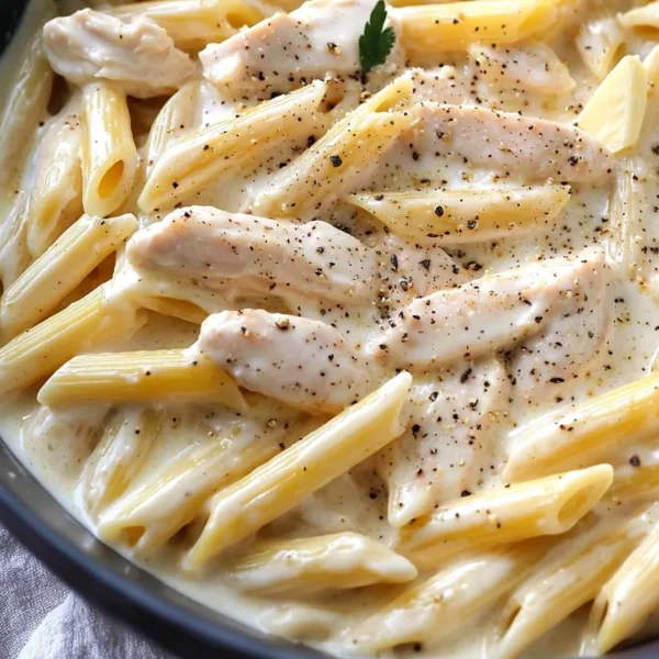 Creamy chicken alfredo pasta served with herbs and parmesan cheese