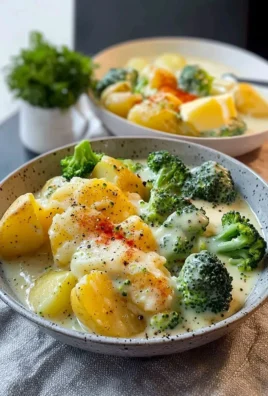 Creamy potatoes and broccoli dish garnished with herbs