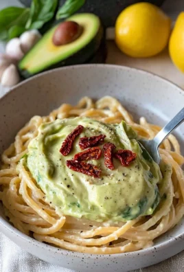 Creamy spinach avocado pasta with sundried tomatoes in a bowl