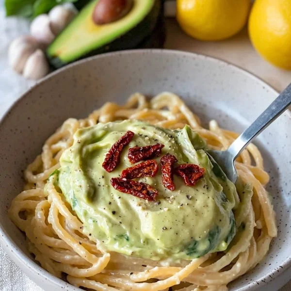Creamy spinach avocado pasta with sundried tomatoes in a bowl
