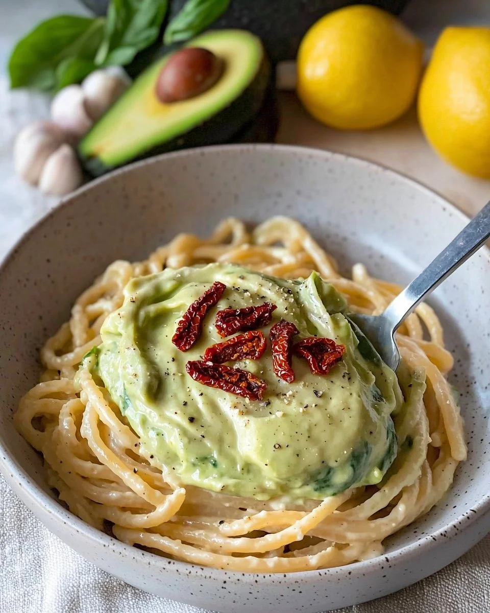Creamy Spinach & Avocado Pasta with Sundried Tomatoes (Vegan)