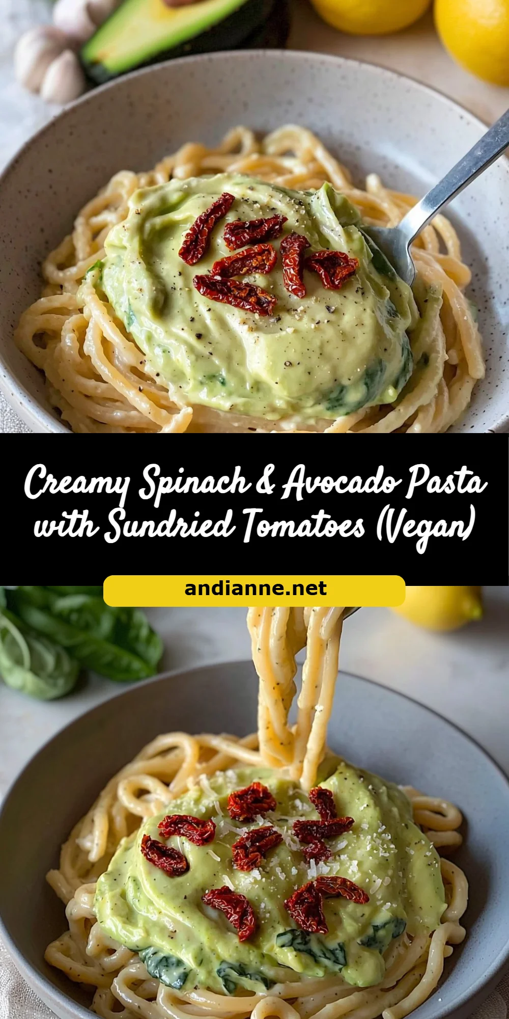 Creamy Spinach & Avocado Pasta with Sundried Tomatoes (Vegan)
