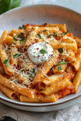 Creamy tomato garlic pasta garnished with fresh basil on a white plate