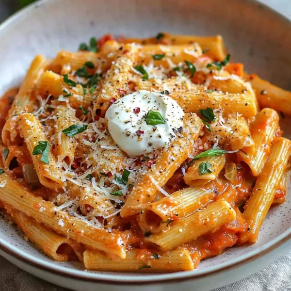 Creamy tomato garlic pasta garnished with fresh basil on a white plate