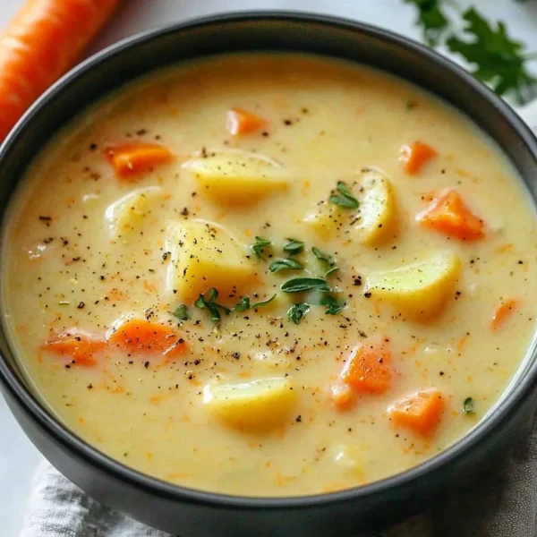 Creamy vegan carrot potato soup in a bowl garnished with fresh herbs