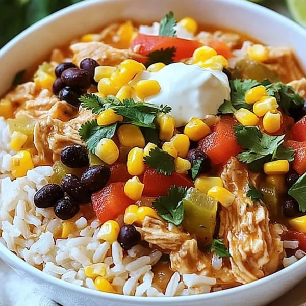 Crock Pot Chicken and Rice Burrito Bowl with colorful toppings and ingredients