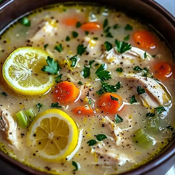 Crockpot Lemon Chicken Soup in a bowl with fresh lemon and herbs