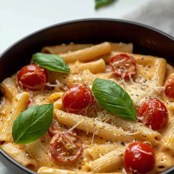 A bowl of delicious and creamy pasta topped with herbs and grated cheese