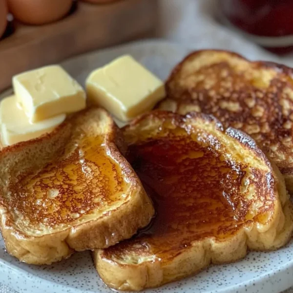 Delicious French toast topped with fresh berries and syrup served on a white plate.