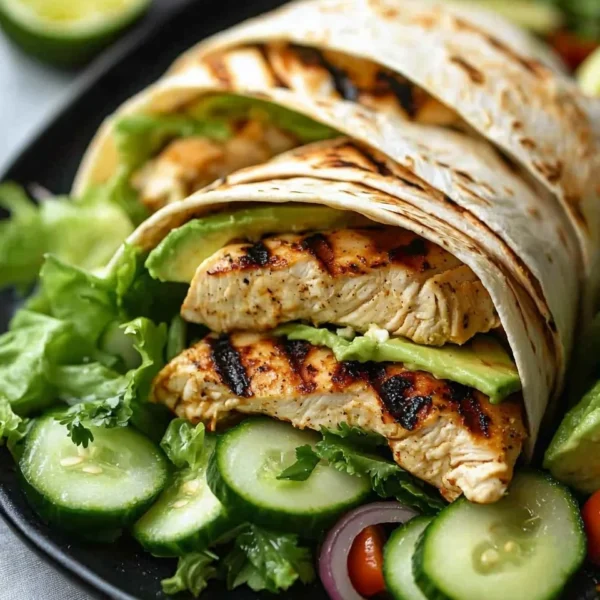 Grilled avocado chicken wraps with fresh ingredients on a plate