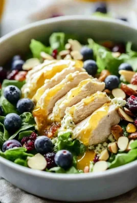 Honey Mustard Chicken Salad with fresh greens and dressing on a plate