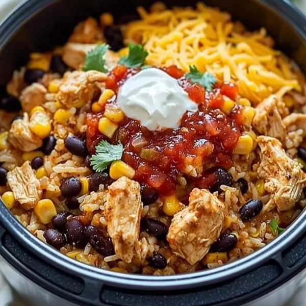 Instant Pot chicken burrito bowls with rice, beans, and fresh toppings