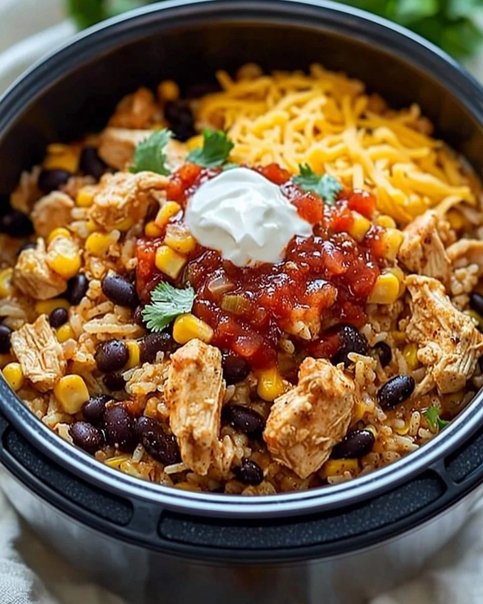 Instant Pot chicken burrito bowls with rice, beans, and fresh toppings