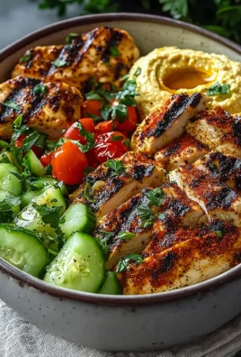 Lemon Chili Grilled Chicken Bowl with cucumber salad and hummus served in a vibrant dish