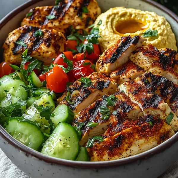 Lemon Chili Grilled Chicken Bowl with cucumber salad and hummus served in a vibrant dish
