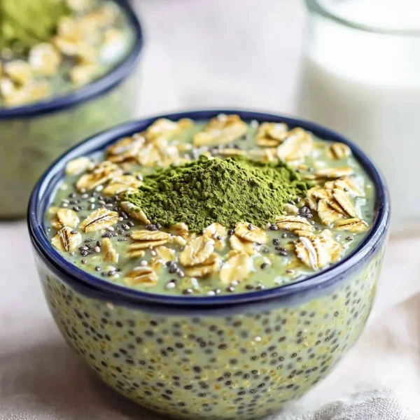 Bowl of matcha overnight oats topped with fruits and nuts
