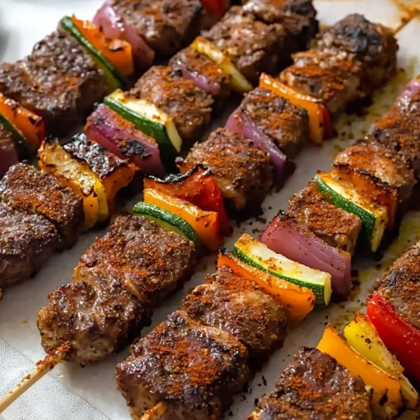 Middle Eastern sheet pan kabobs with colorful vegetables on a baking tray.