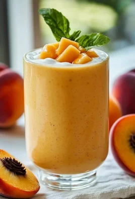 Delicious peach smoothie made with frozen peaches in a glass